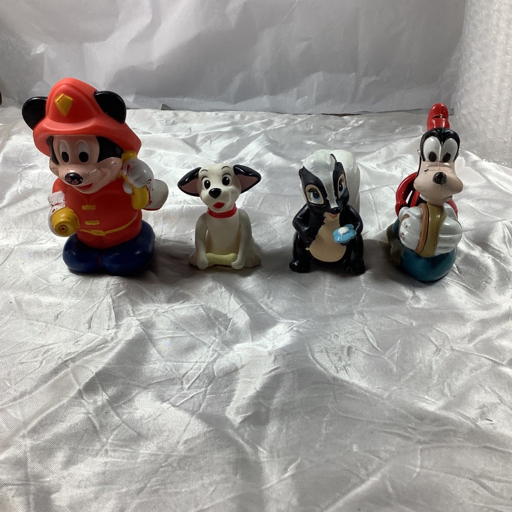 Vintage Disney Rubber Squeeze Toy Lot Mickey Fireman Goofy Dalmatian Flower 4pc‎